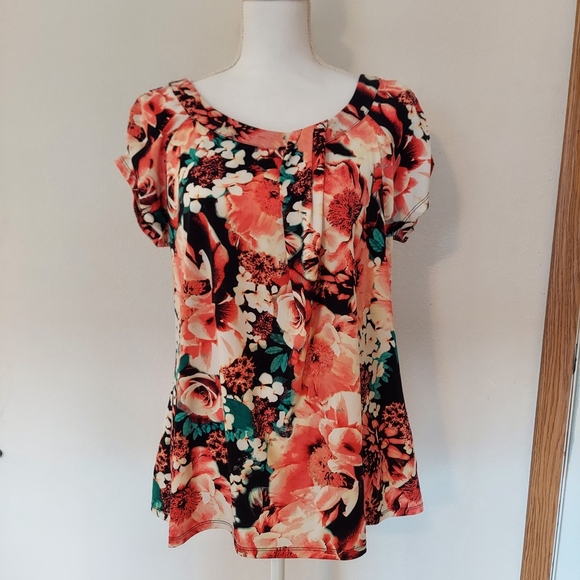 Worthington Flutter Sleeve Blouse woman coral/black . Size XL Floral - Picture 1 of 8